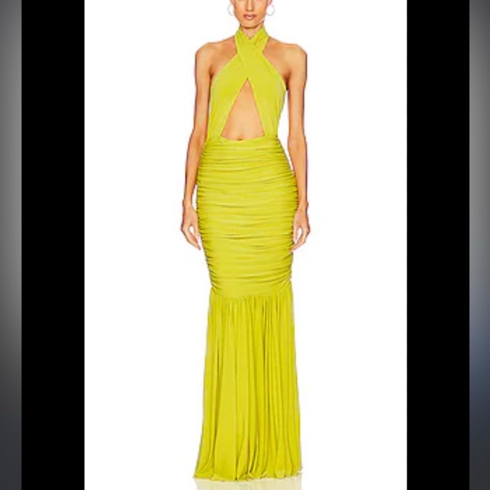 Norma Kamali Yellow Pleated Backless Halter Gown